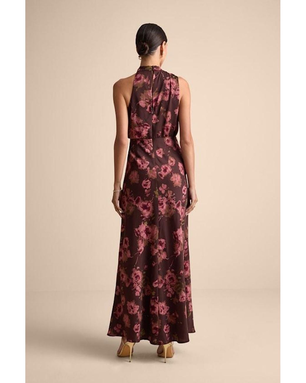 Lulus Brown Distinctive Charm Floral Satin Asymmetrical Maxi Dress