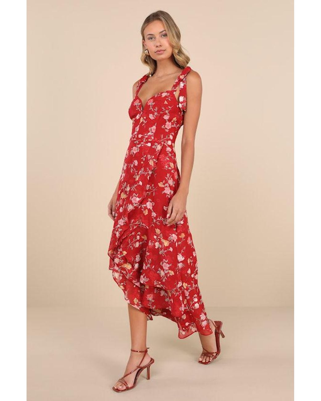Lulus Red So Elevated Floral Jacquard Tie-Strap High-Low Midi Dress