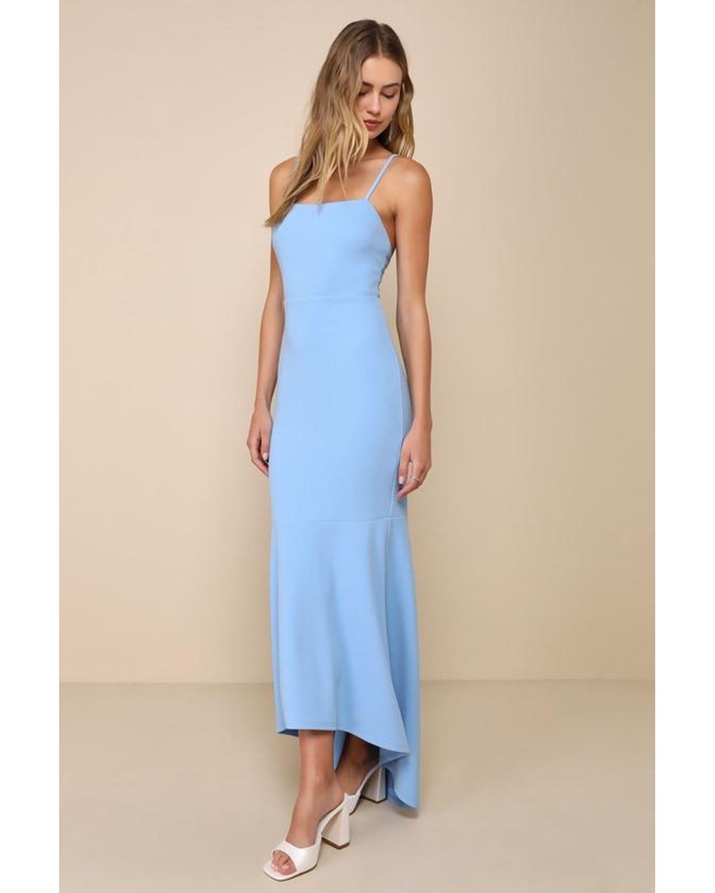 Lulus Blue Stunning Enchantment Backless Trumpet Hem Maxi Dress