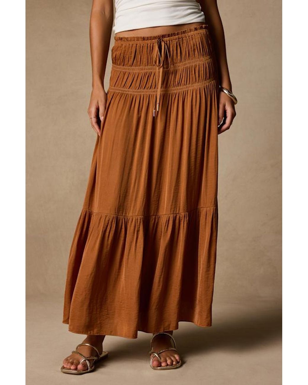 Lulus Brown Goldie Ruched Midi Skirt