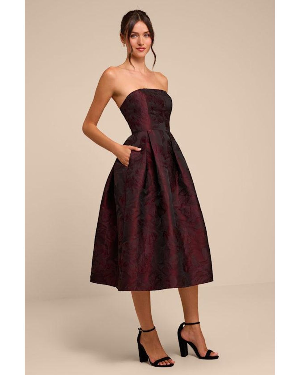 Lulus Red Laurelin Floral Jacquard Strapless Midi Dress