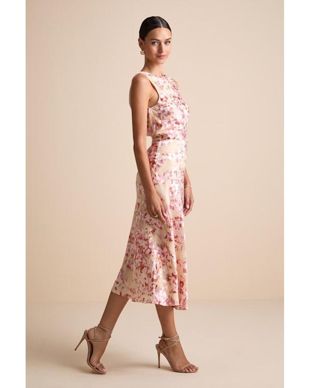 Lulus Natural Tarice Floral Jacquard Cowl Back Midi Dress
