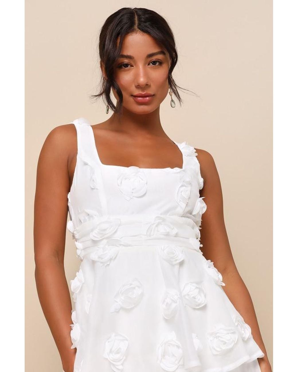 Lulus Natural Exceptional Entrance Sleeveless Tiered Rosette Midi Dress