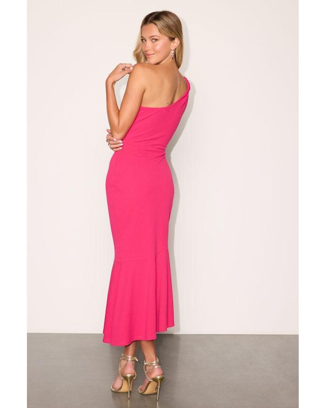 Lulus Pink Bianca One-Shoulder Trumpet Midi Dress