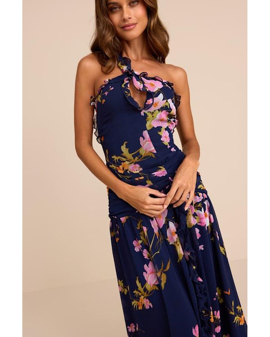 Lulus Blue Alayda Floral Asymmetrical Ruffled Maxi Dress