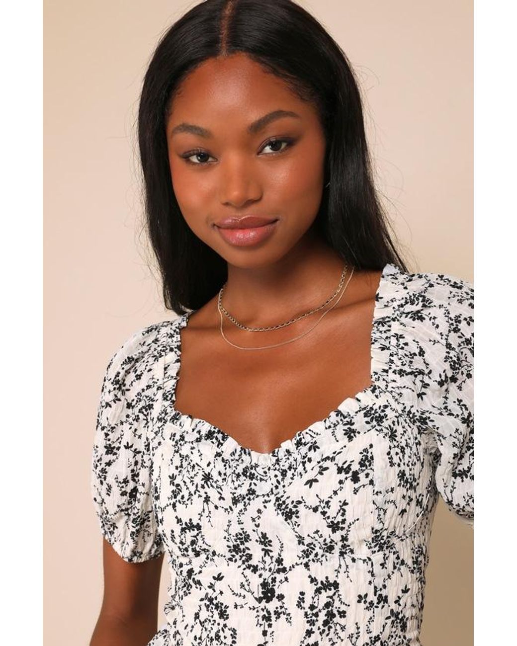 Lulus Brown Sweetest Direction Ivory And Floral Puff Sleeve Top