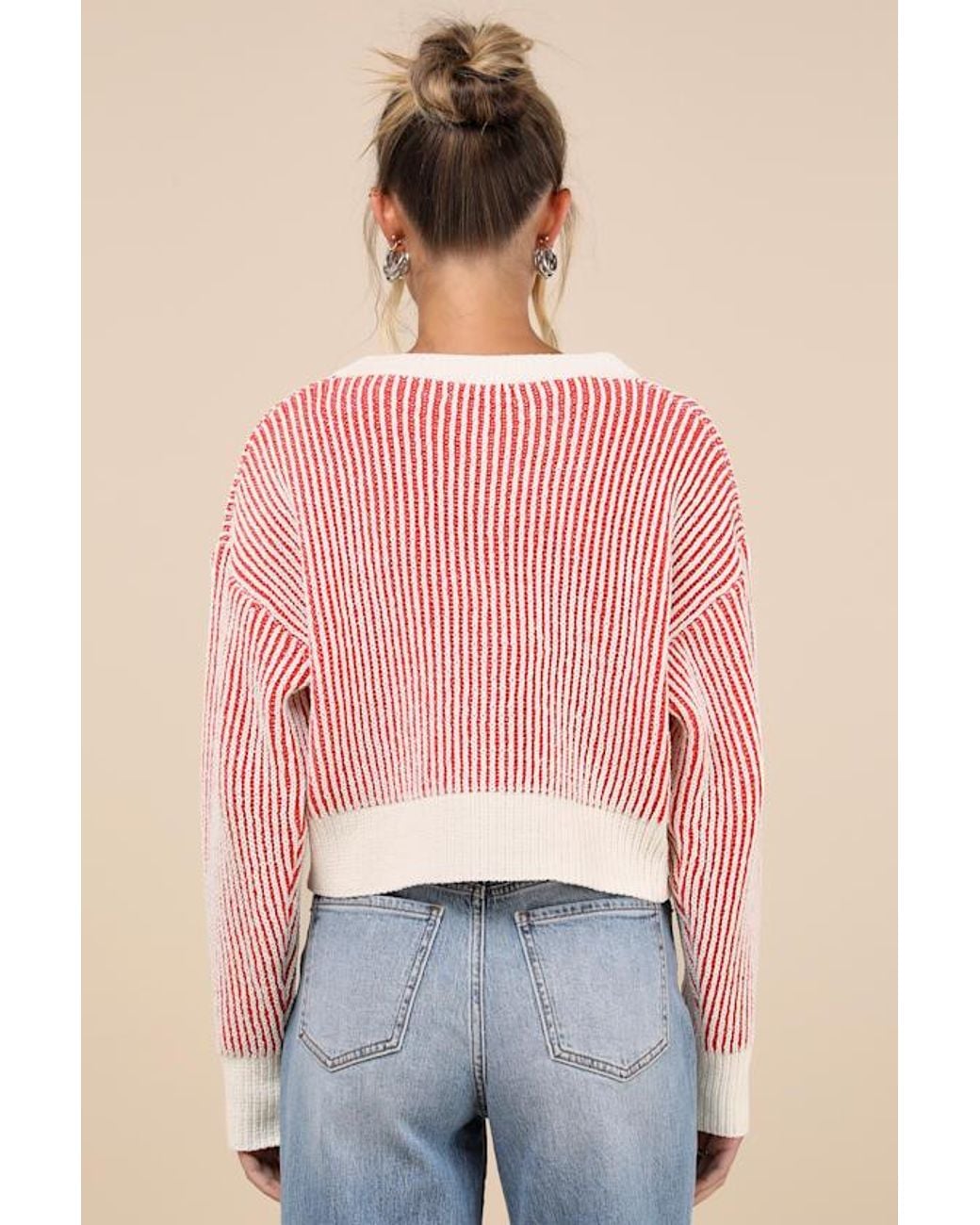Lulus Pink Attractively Cozy Striped V-Neck Pullover Sweater