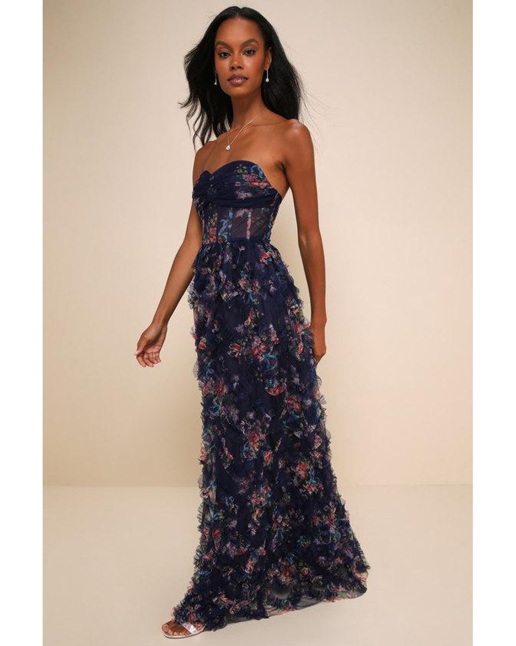 Lulus Blue Stunning Element Floral Mesh Ruffled Strapless Maxi Dress
