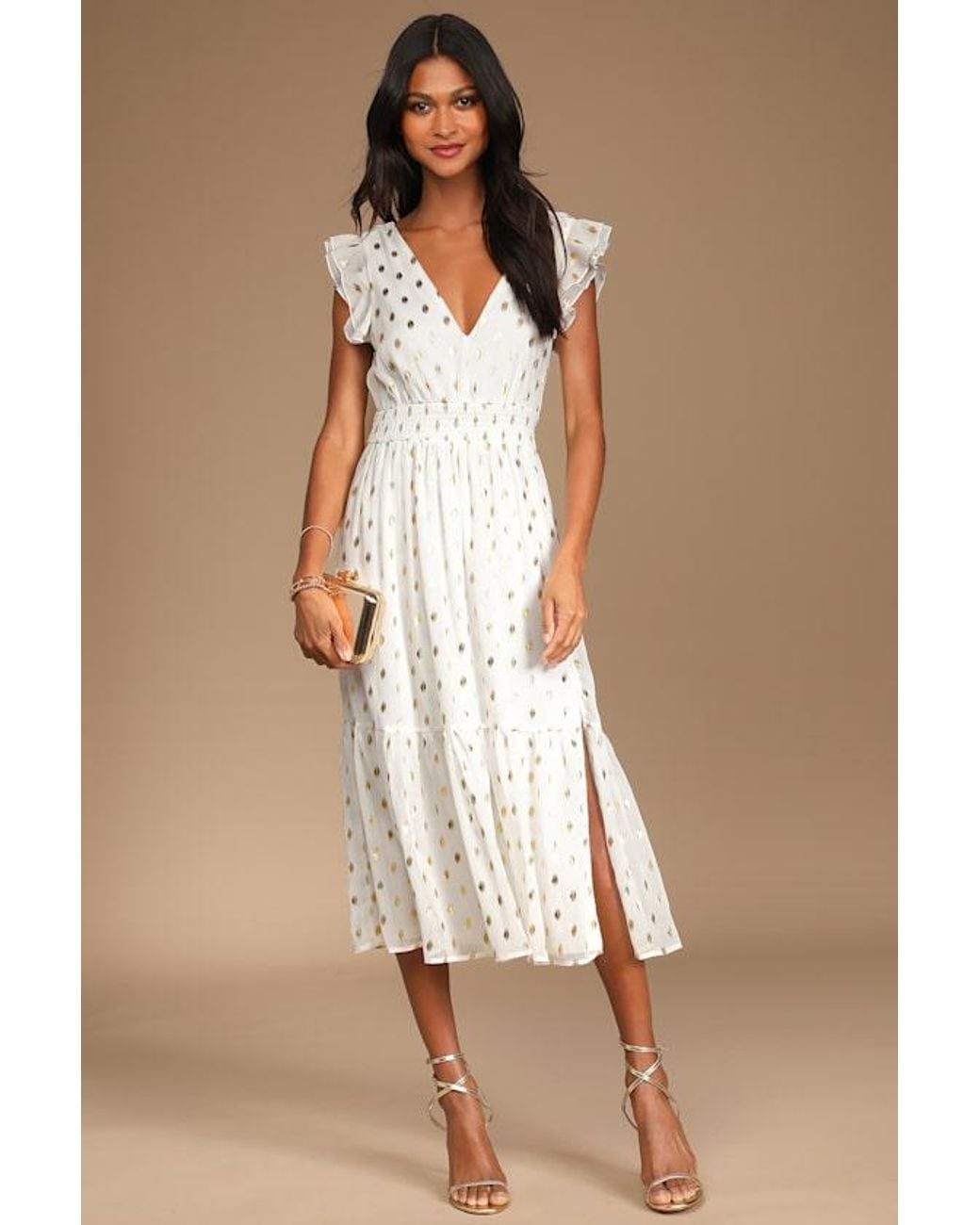 Lulus Natural Cause To Celebrate And Dot Ruffled Tiered Midi Dress