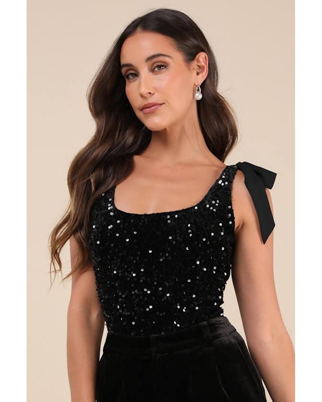 Lulus Black Adept Allure Velvet Sequin Tie-Strap Bodysuit