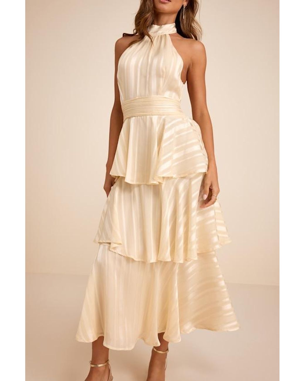 Lulus Natural Jennica Pale Striped Satin Tiered Midi Dress