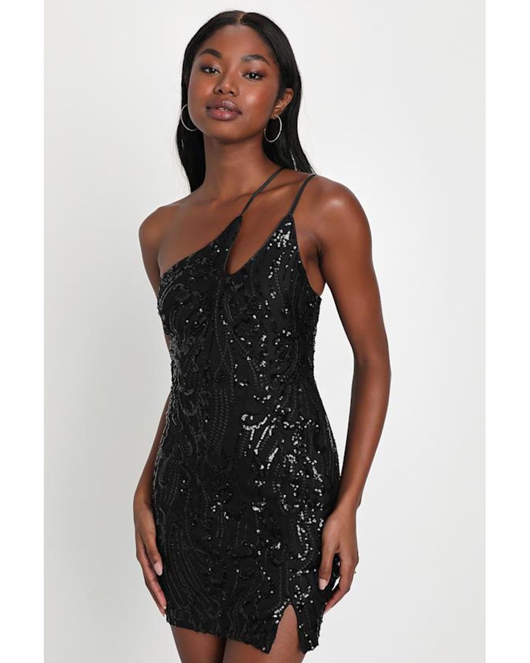 Lulus Black Alluring Shine Sequin One-Shoulder Mini Dress