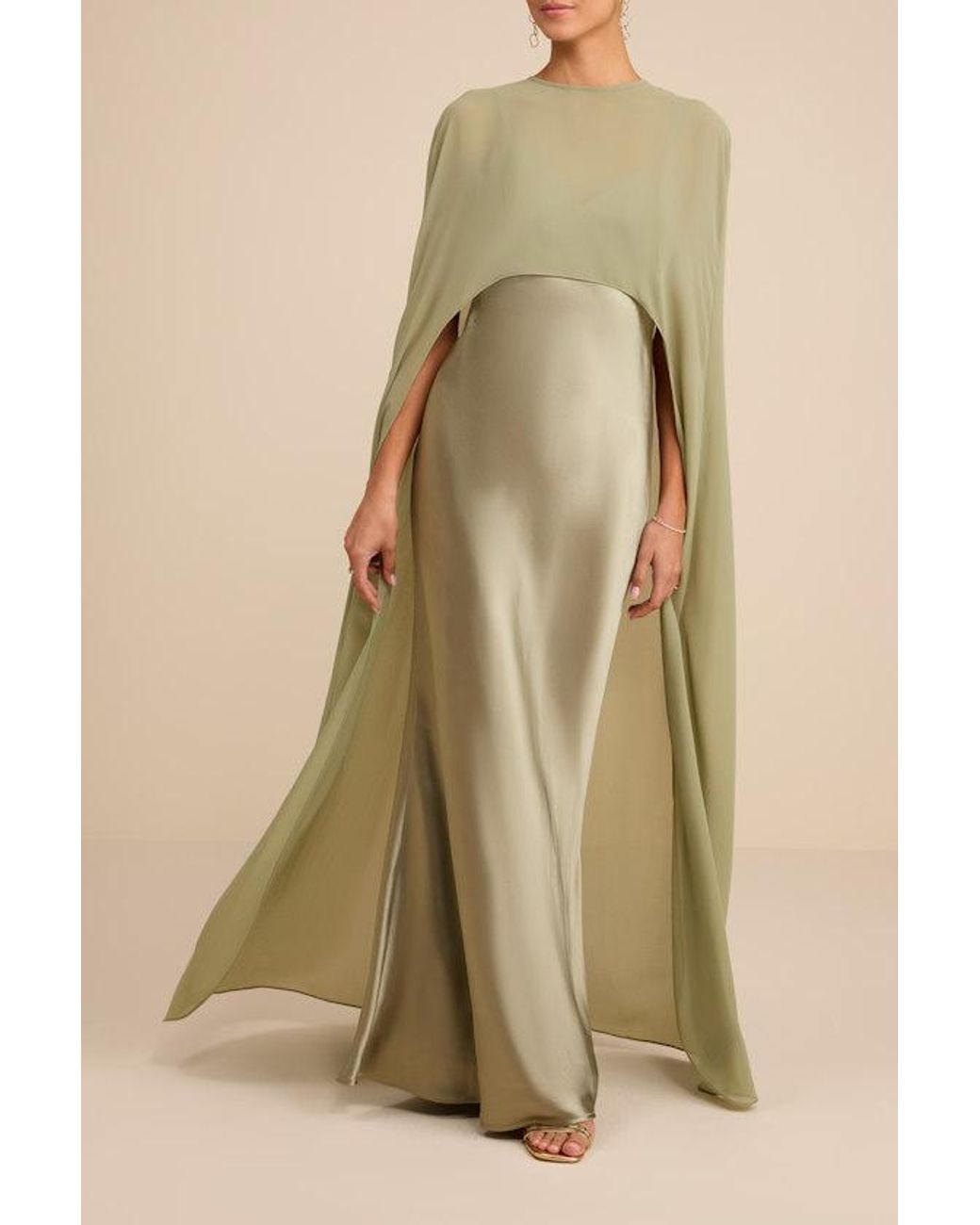 Lulus Natural Cavana Sage Satin Cape Maxi Dress