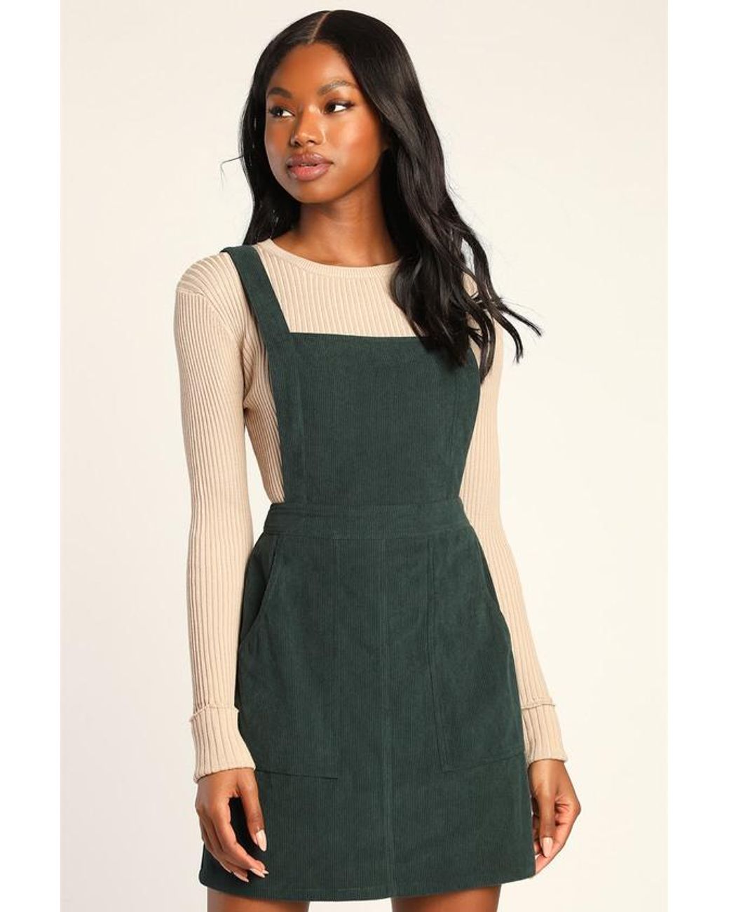 Lulus Embracing Autumn Corduroy Pinafore Mini Dress in Green | Lyst UK