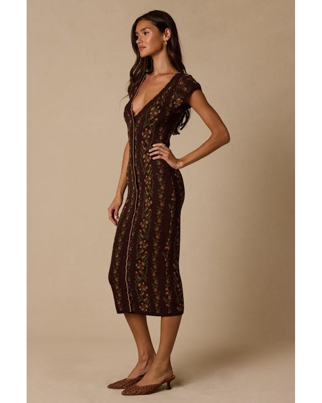 Lulus Natural Savanna Floral Button-Front Sweater Midi Dress