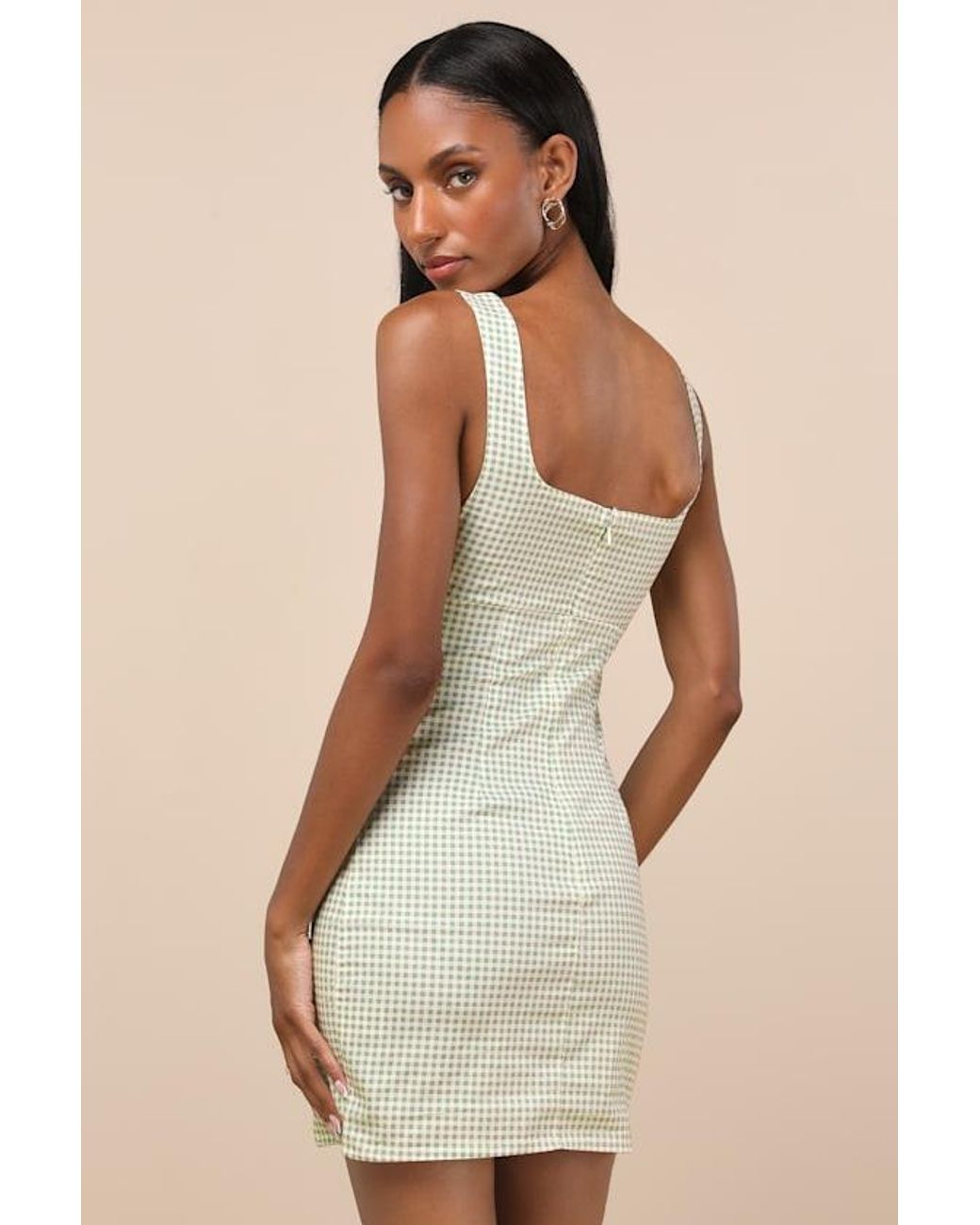 Lulus Natural Happy Chance Gingham Square Neck Mini Dress