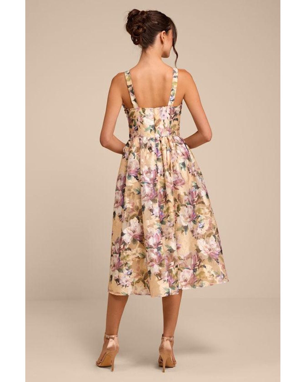 Lulus Natural Kathani Floral Jacquard Bustier Midi Dress