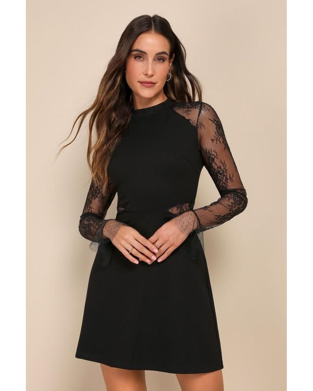 Lulus Bragging Rights Lace Long Sleeve Skater Dress in Black | Lyst UK