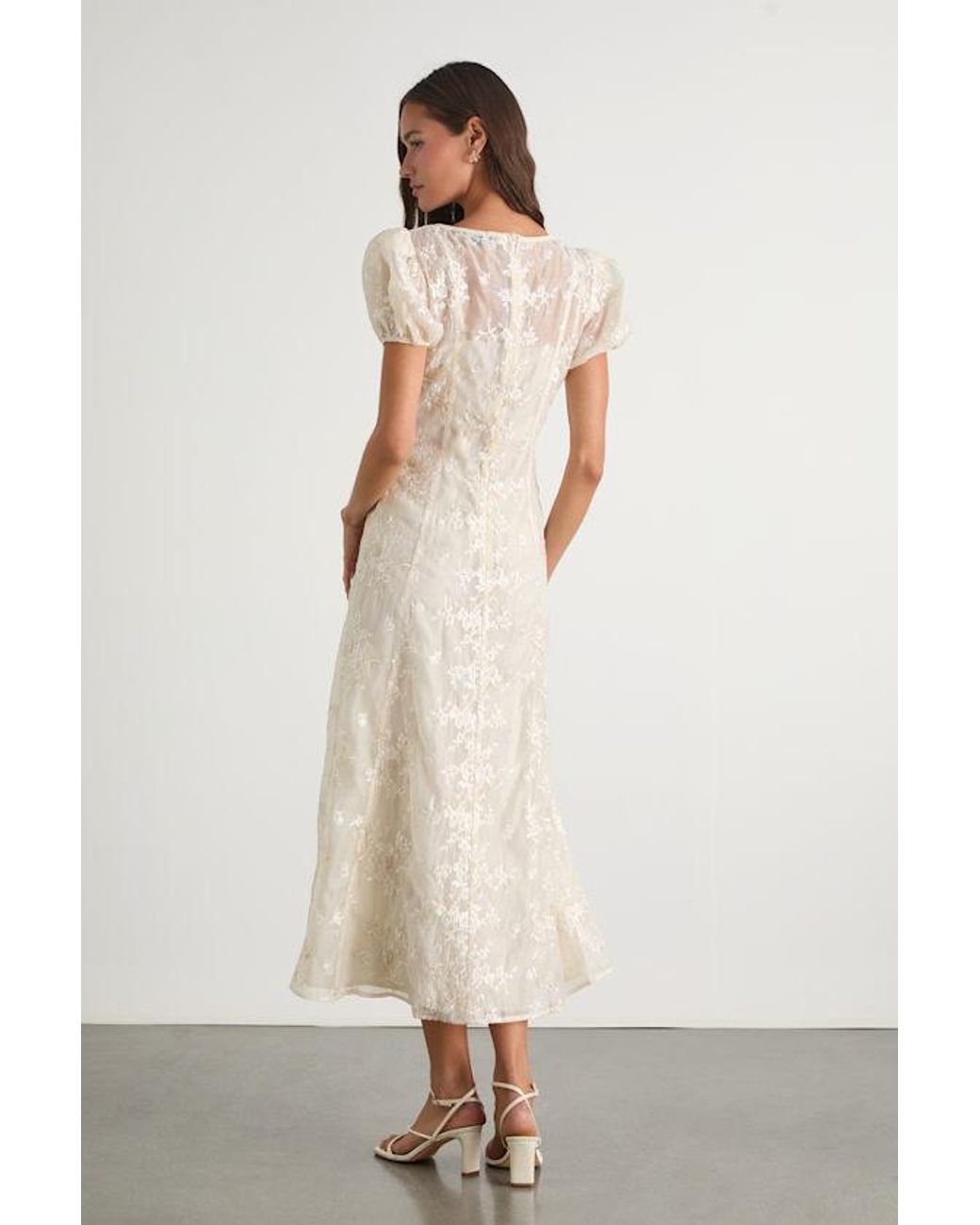 elfrieda cream floral embroidered puff sleeve midi dress Only A Dream Jacquard Floral Puff Sleeve Midi Dress main image 0