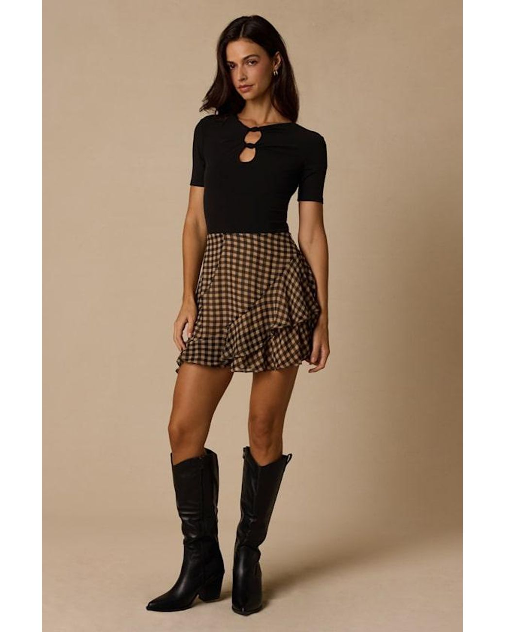 Lulus Brown Noelle Gingham Ruffled Mini Skirt