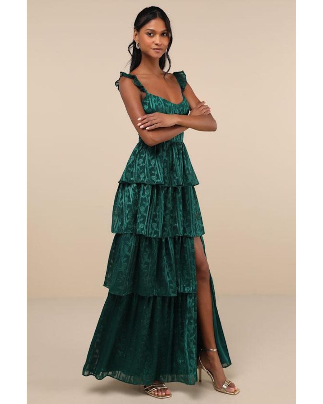 Lulus Green Stunning Glory Hunter Floral Jacquard Tiered Maxi Dress