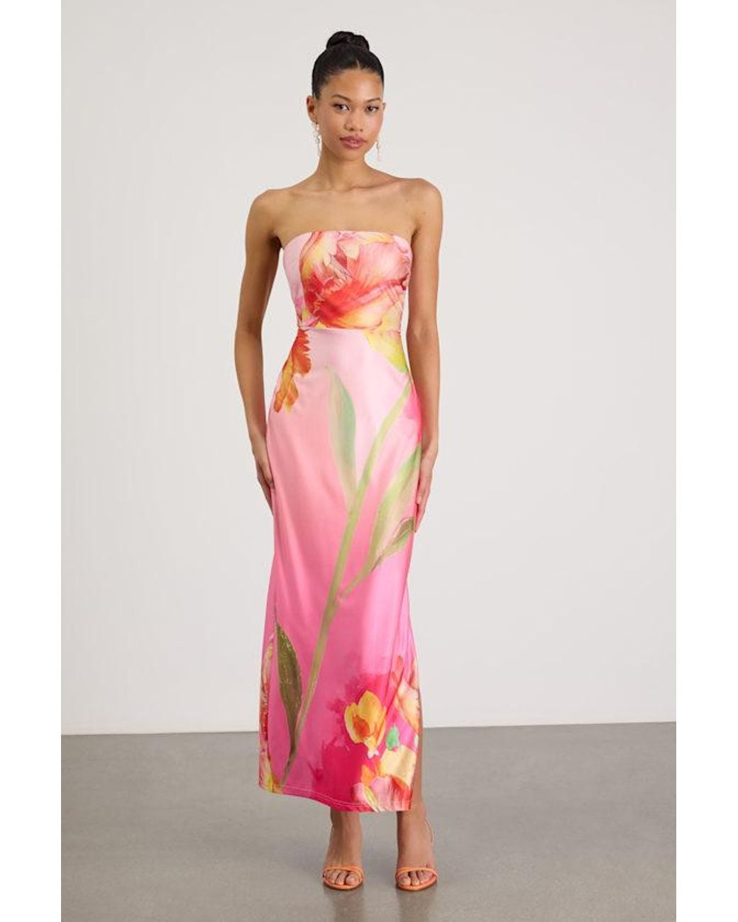 Lulus Pink Anahi Multi Floral Satin Strapless Maxi Dress