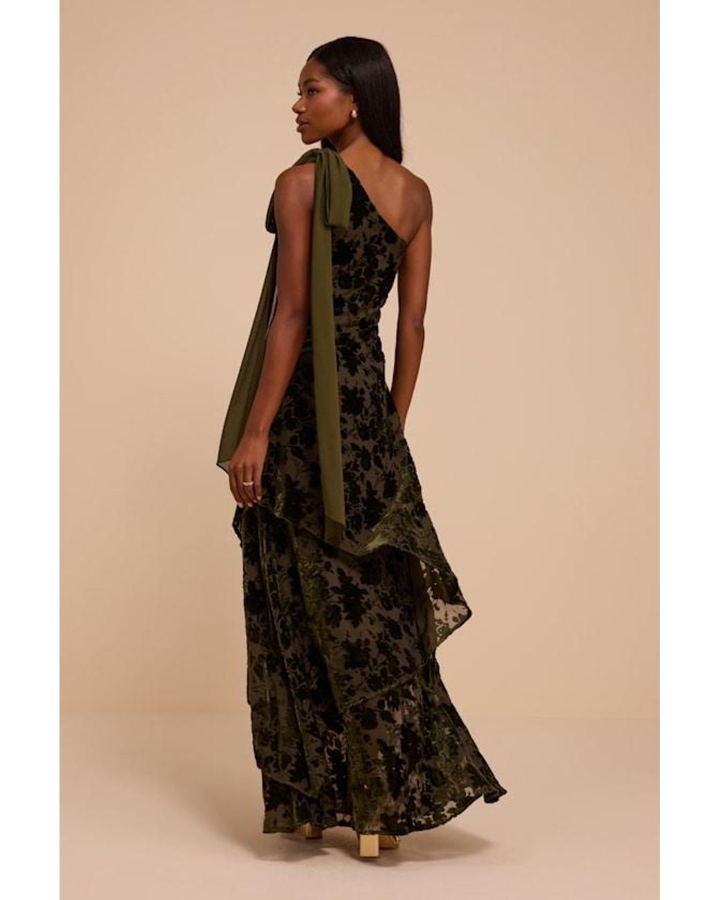 Lulus Natural Camellia Burnout Velvet One-Shoulder Bow Maxi Dress