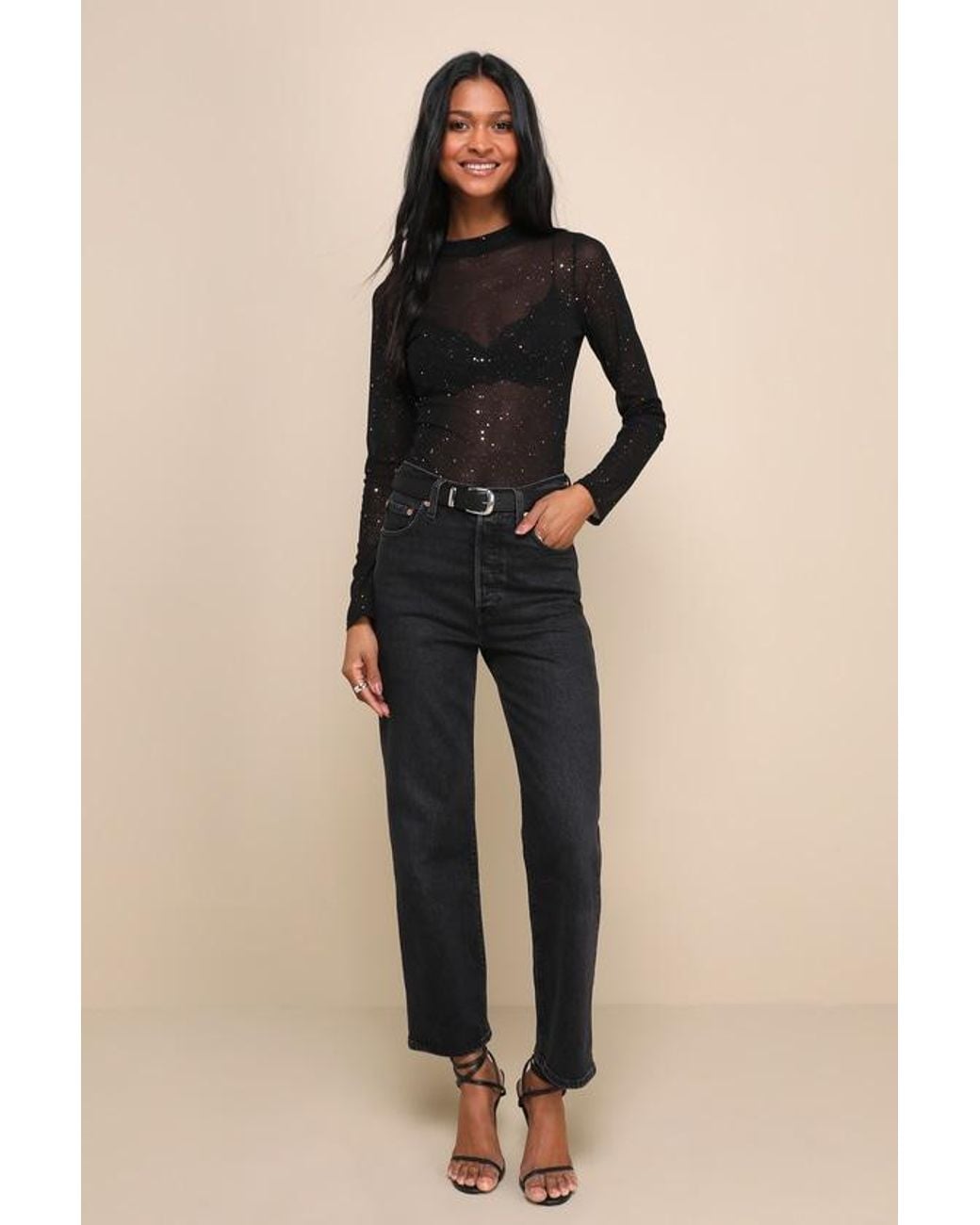 Lulus Black Strike An Attitude Mesh Multi Embellished Mesh Bodysuit