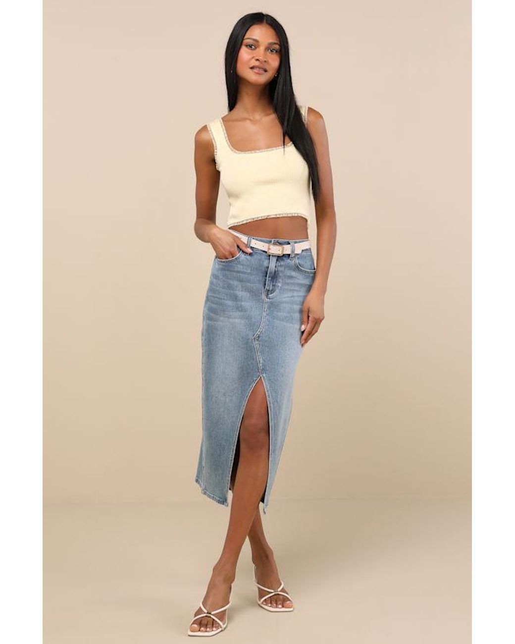 Lulus Blue Josepha Ribbed Knit Ruffled Crop Tank Top