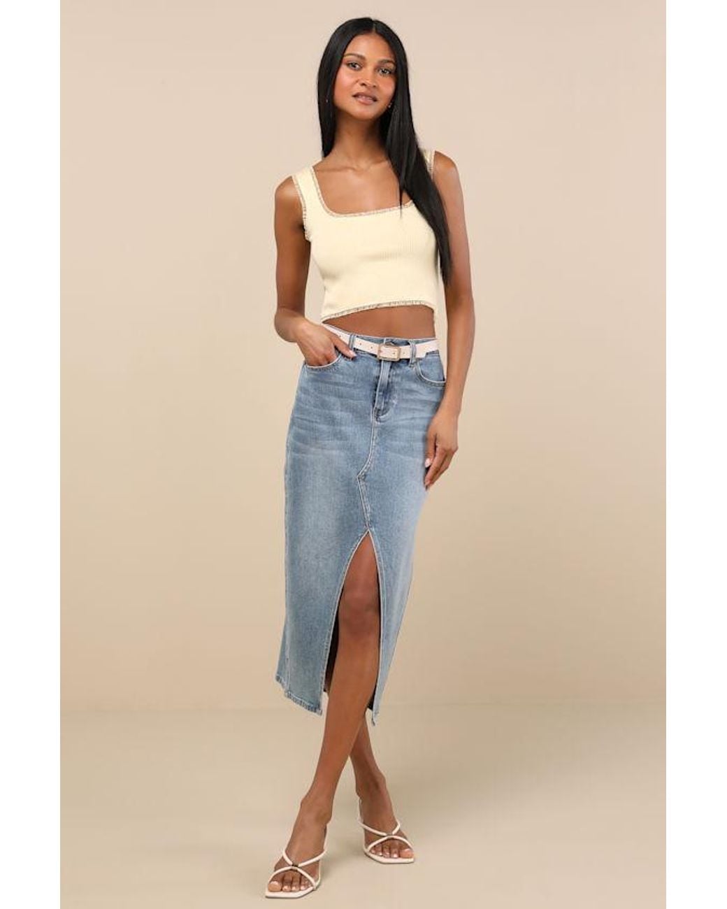 Lulus Blue Josepha Ribbed Knit Ruffled Crop Tank Top