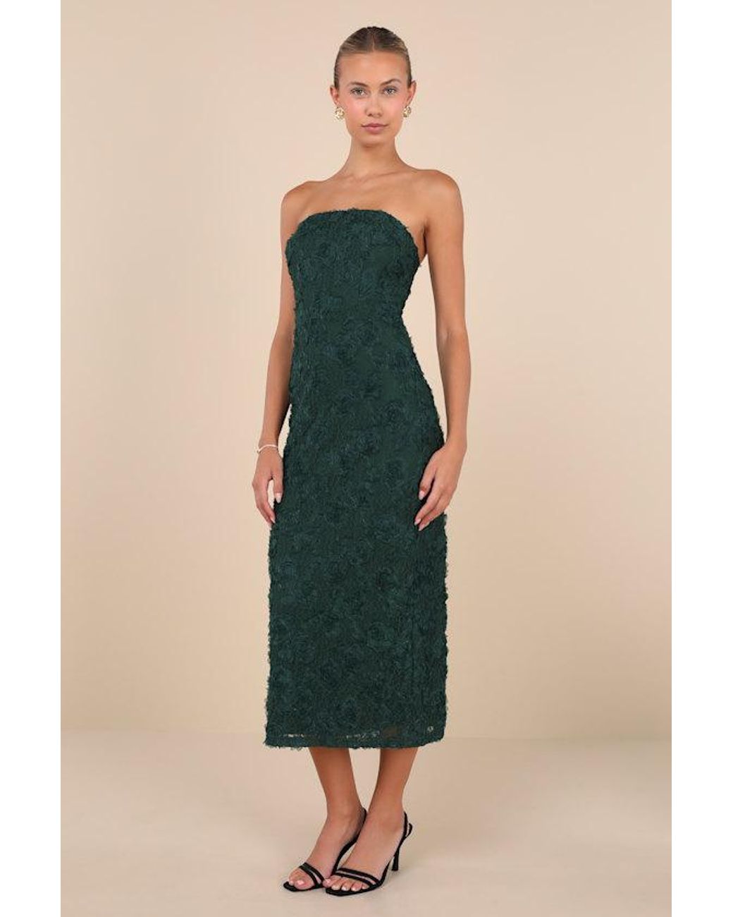 Lulus Green Flawless Perfection Emerald Floral Applique Strapless Midi Dress