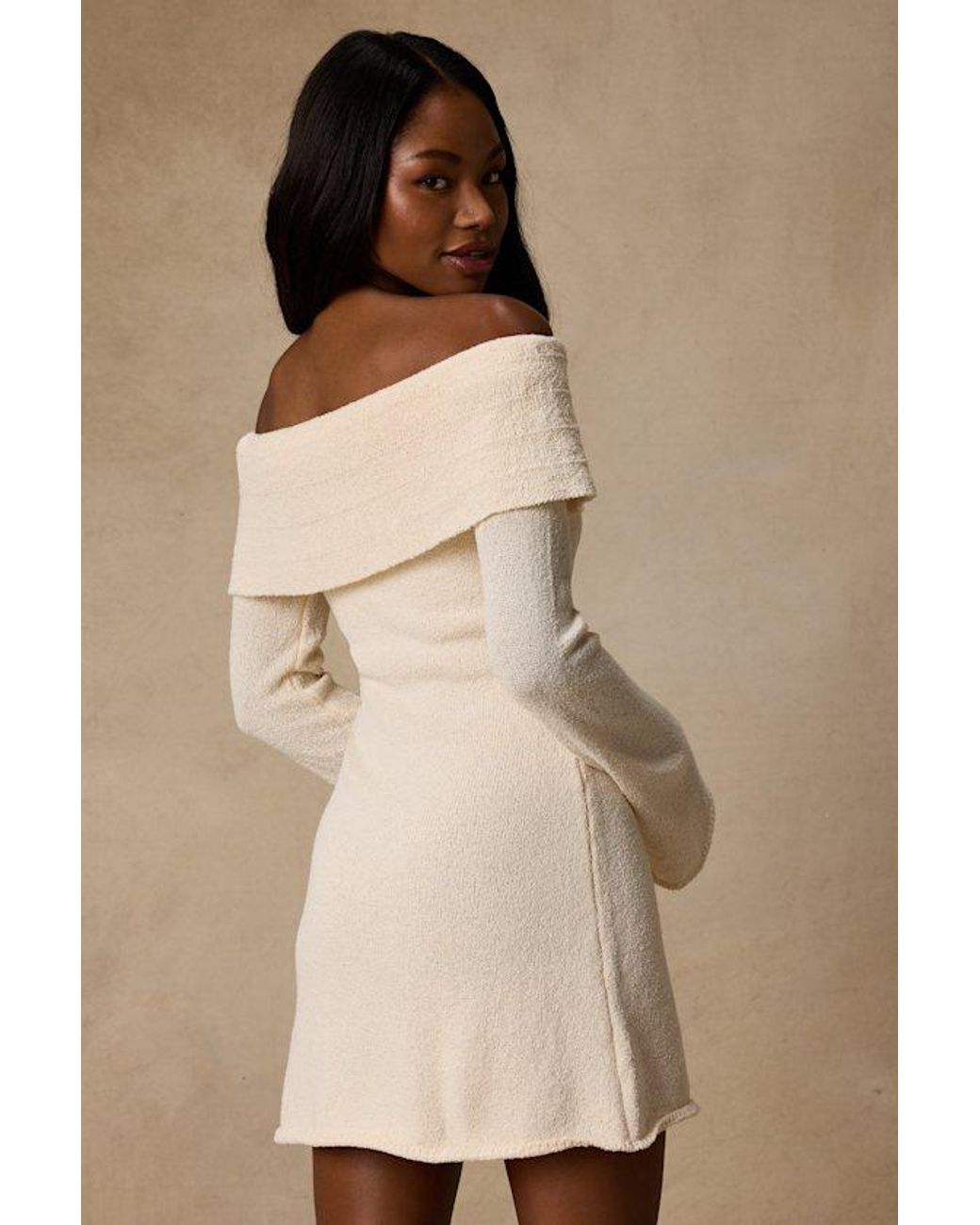 Lulus Natural Pemryn Cream Off-The-Shoulder Mini Sweater Dress