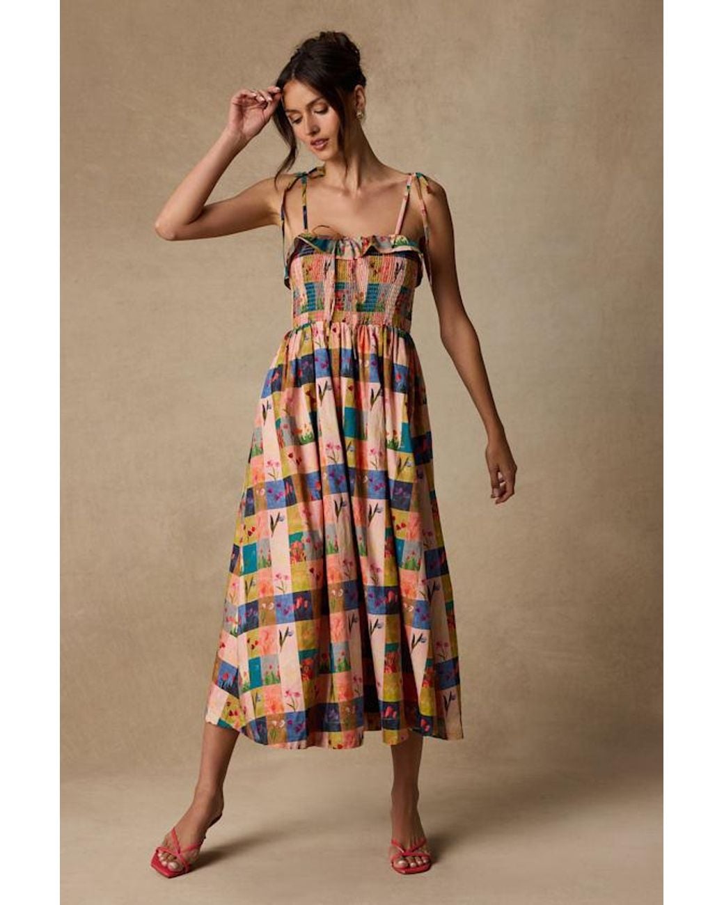 Lulus White Alessandra Blush Multi Gingham Floral Tie-Strap Midi Dress