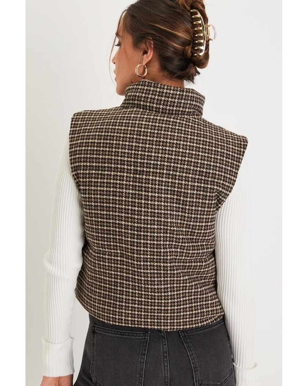 Lulus Black Cloud Nine Cutie Houndstooth Cropped Puffer Vest
