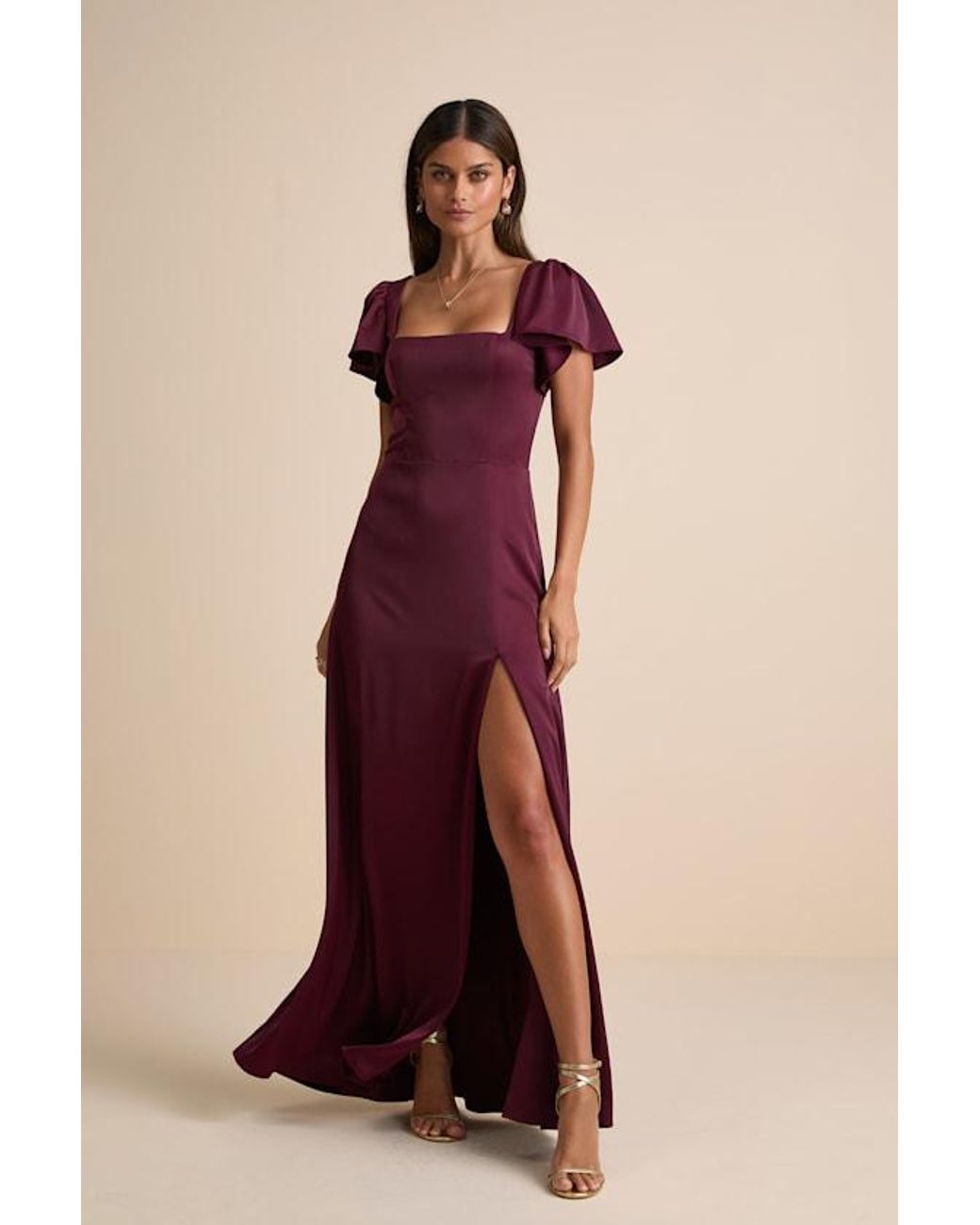 Lulus Ultimate Sweetness Plum Satin Flutter Sleeve Maxi Dress in Purple |  Lyst