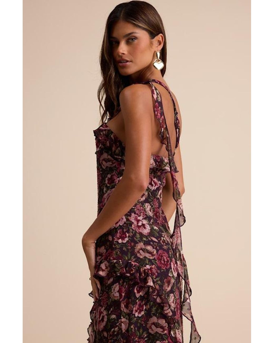 Lulus Natural Bonelle Plum Multi Floral Metallic Clip Dot Ruffled Maxi Dress