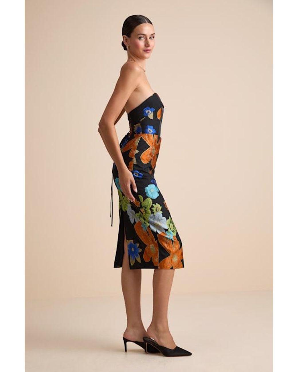 Lulus Black Wesson Floral Jacquard Lace-Up Strapless Midi Dress