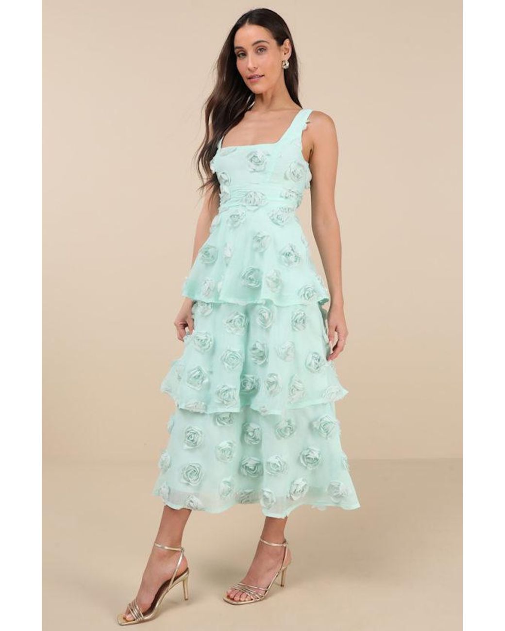 Lulus Green Exceptional Entrance Mint Sleeveless Tiered Rosette Midi Dress