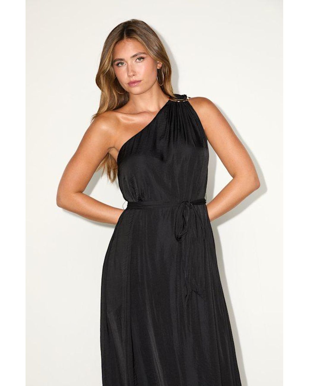 Lulus Black Goddess Aura Satin One-Shoulder Maxi Dress