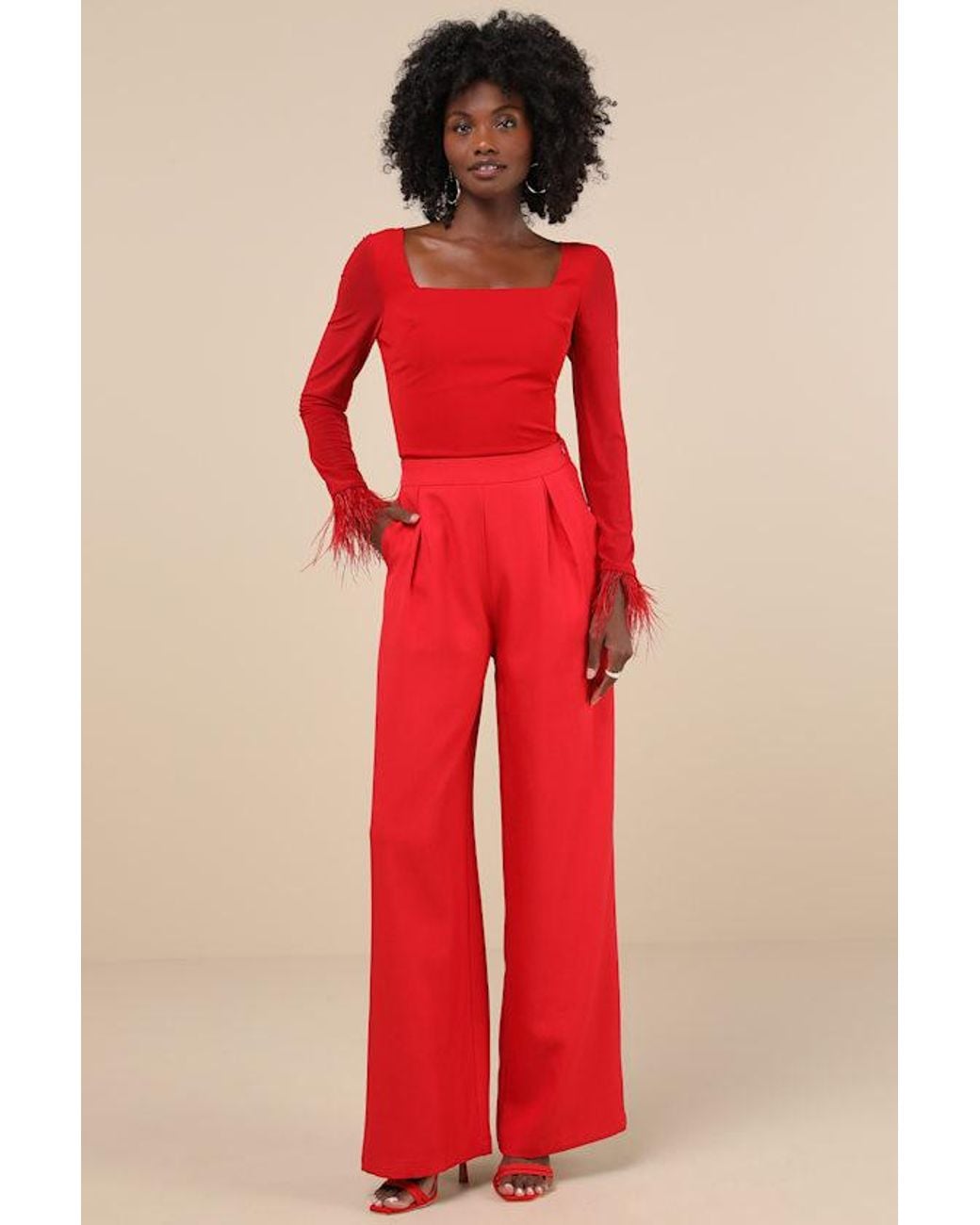 Lulus Red Effortlessly Luxe Feather Long Sleeve Bodysuit