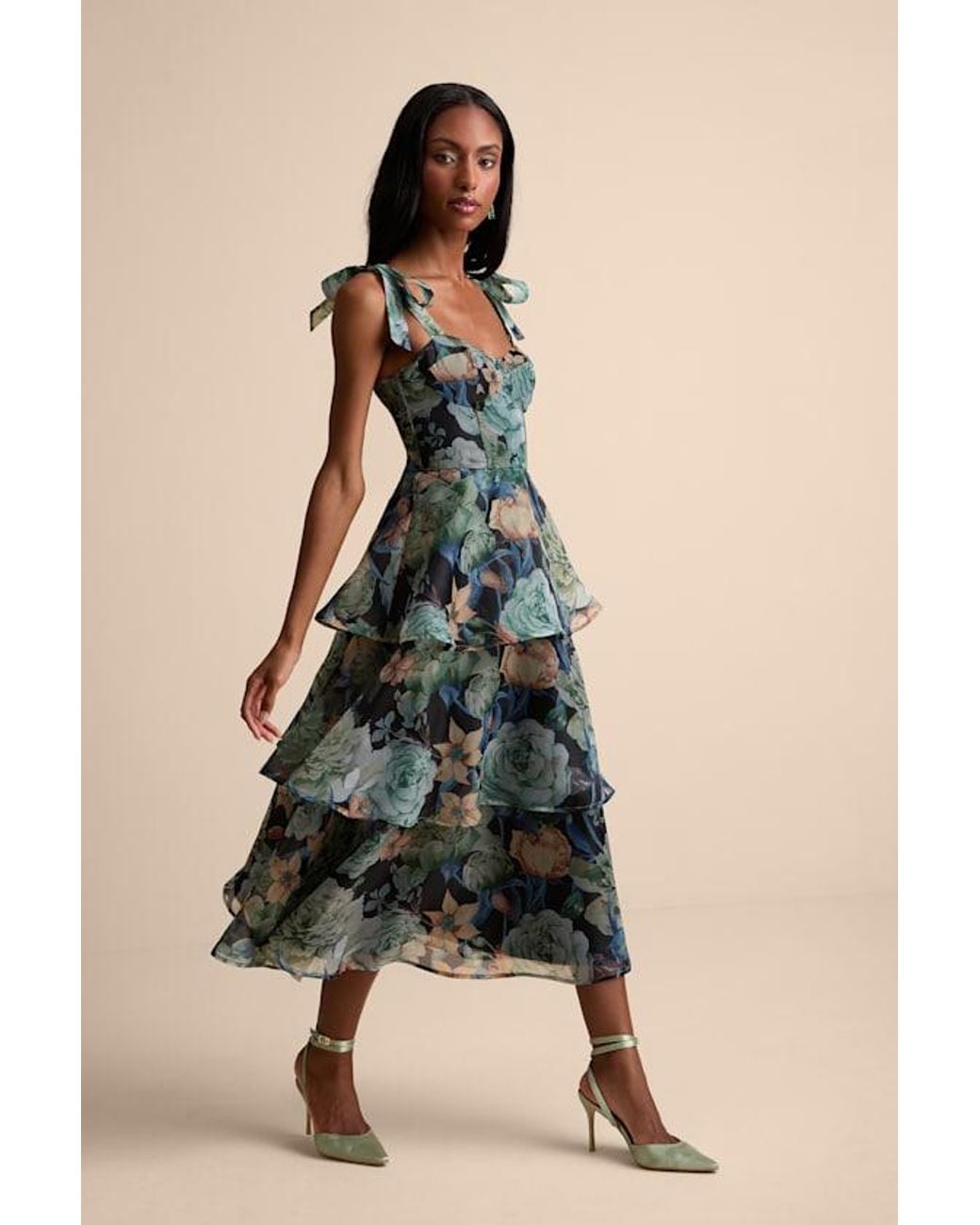 playfully posh blush floral organza tie-strap tiered midi dress Playfully Posh Black Floral Organza Tie-Strap Tiered Midi Dress