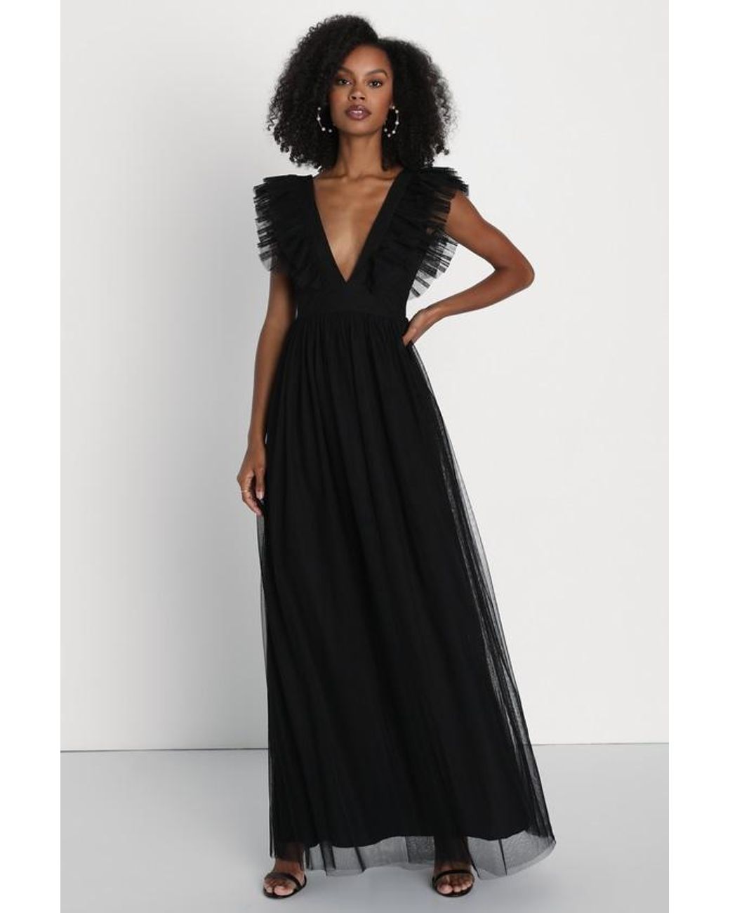 Lulus Black Simply Delighted Mesh Ruffled Backless Maxi Dress