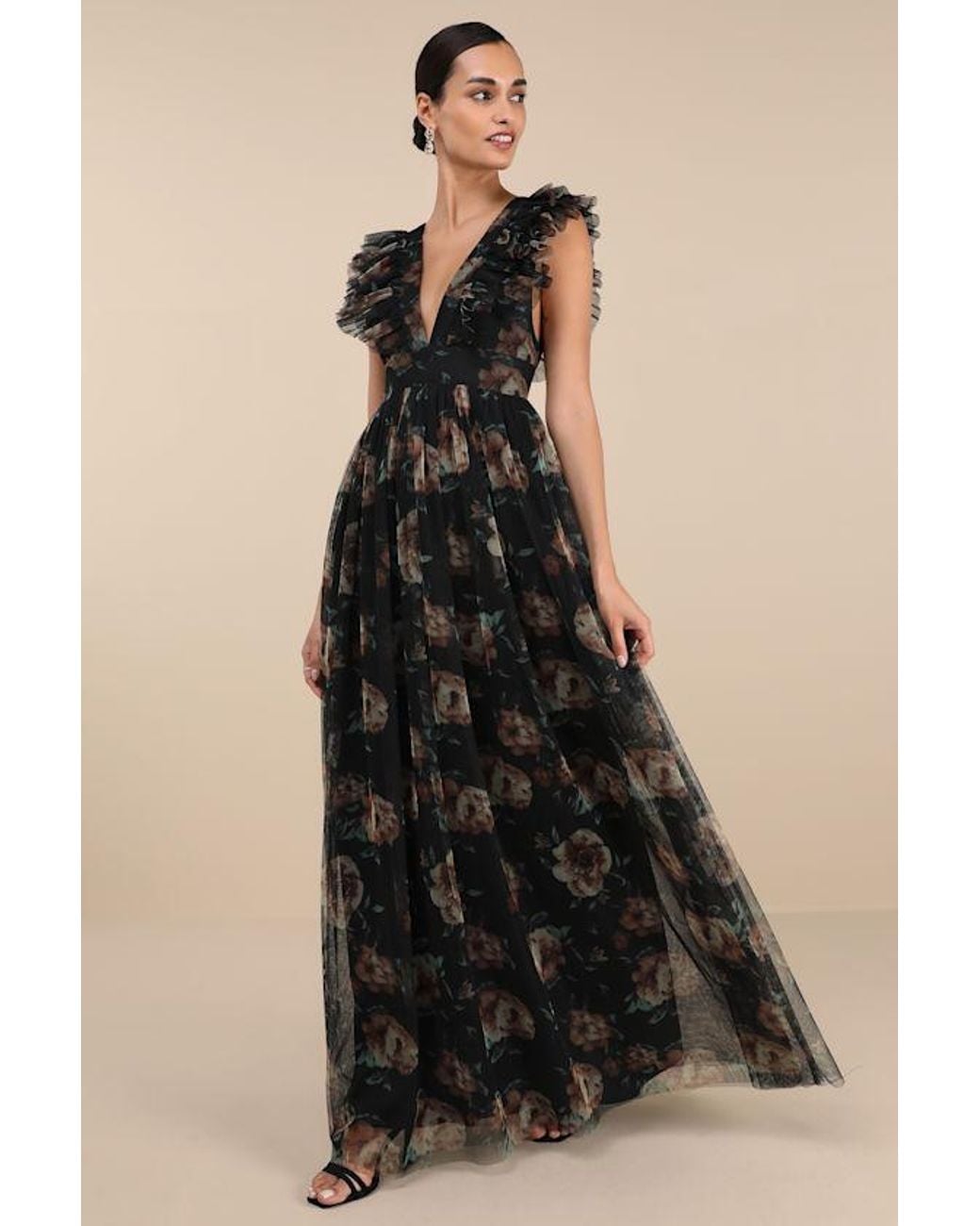 Lulus Black Simply Delighted Floral Mesh Ruffled Backless Maxi Dress