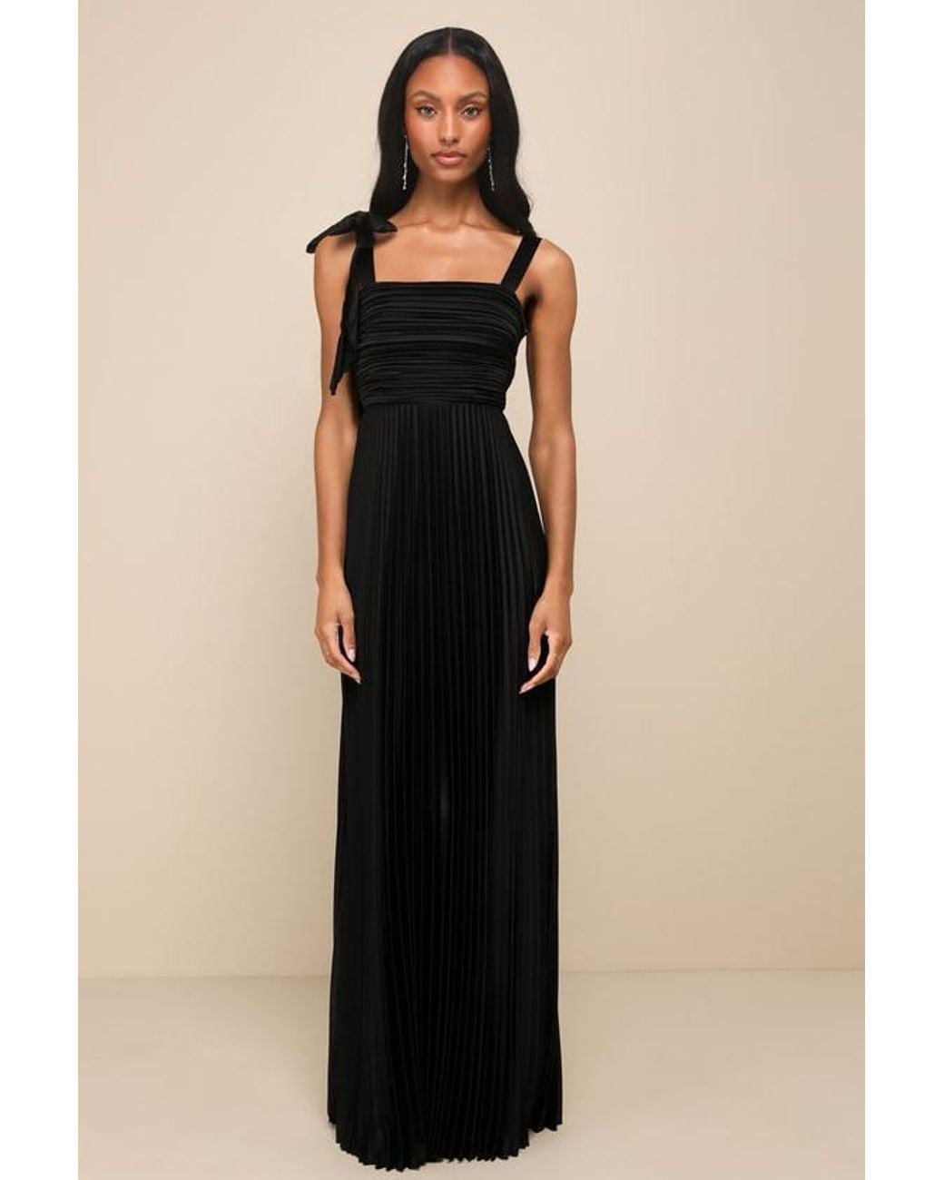 Lulus Blue Gorgeous Purpose Satin Pleated Sleeveless Bow Maxi Dress