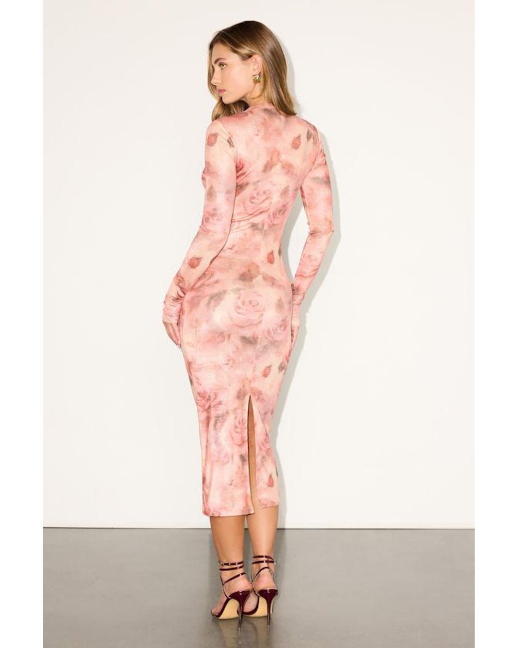 chinese dress ladies Raffie Pink Long-Sleeve Midi Dress With Satin Wrap Skirt – Club L London main image 0