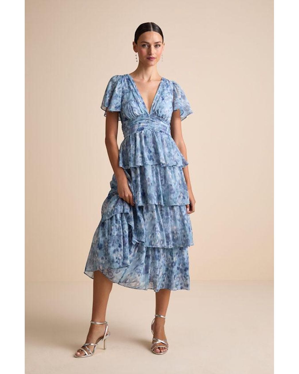 Lulus Blue Nalia Abstract Print Tiered Tie-Back Midi Dress