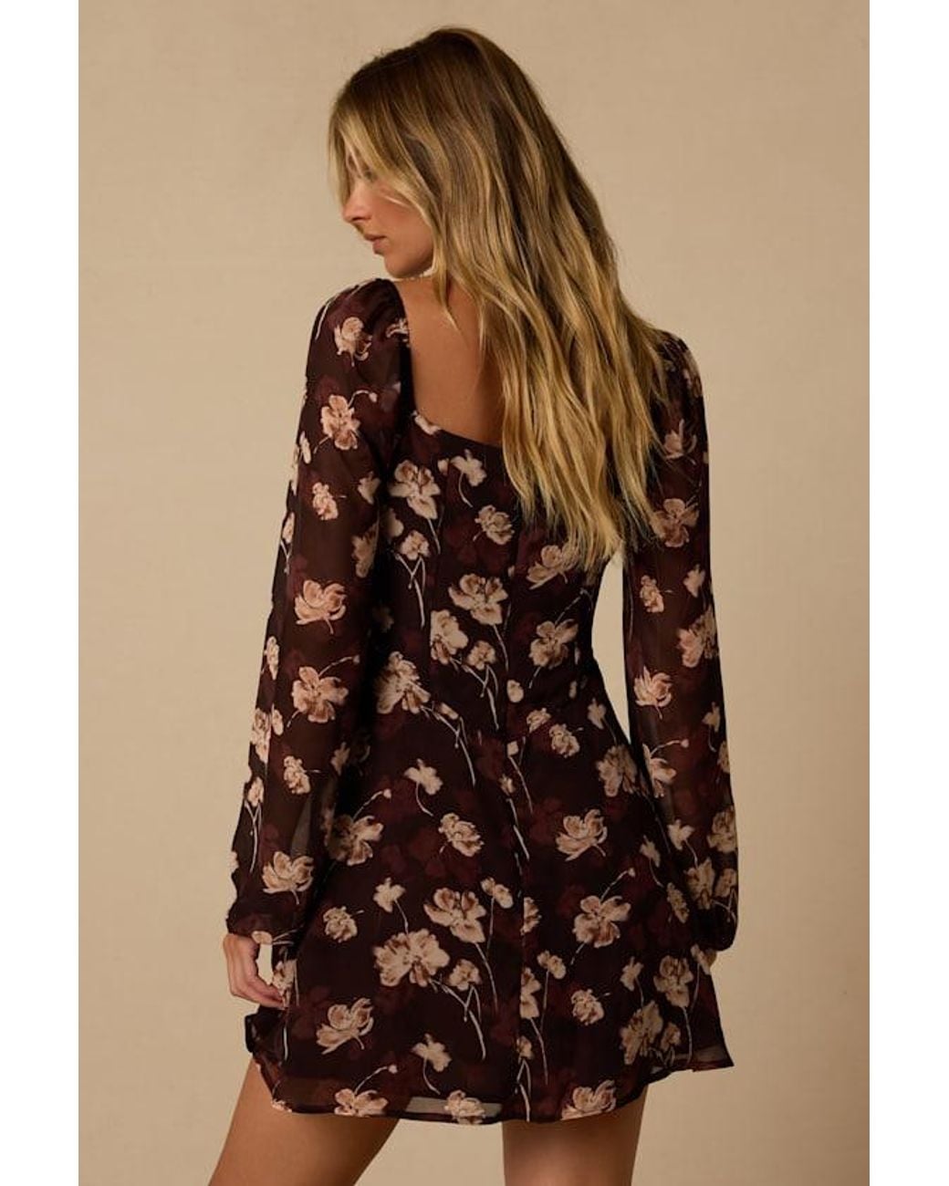 Lulus Brown Jodie Floral Long Sleeve Mini Dress