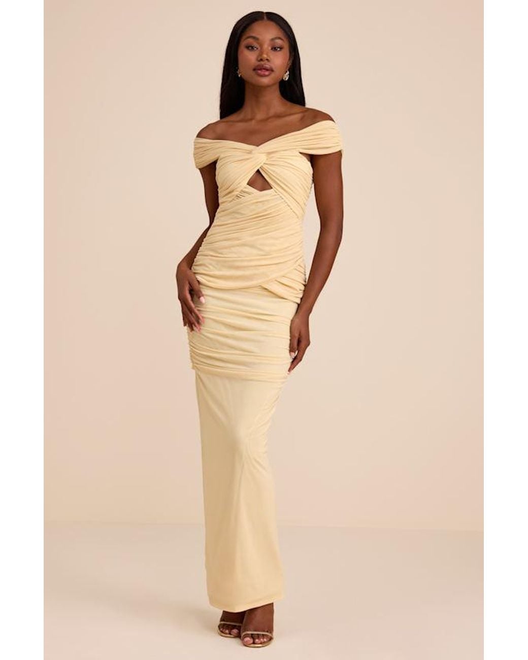Lulus Natural Jakaya Pale Mesh Off-The-Shoulder Maxi Dress