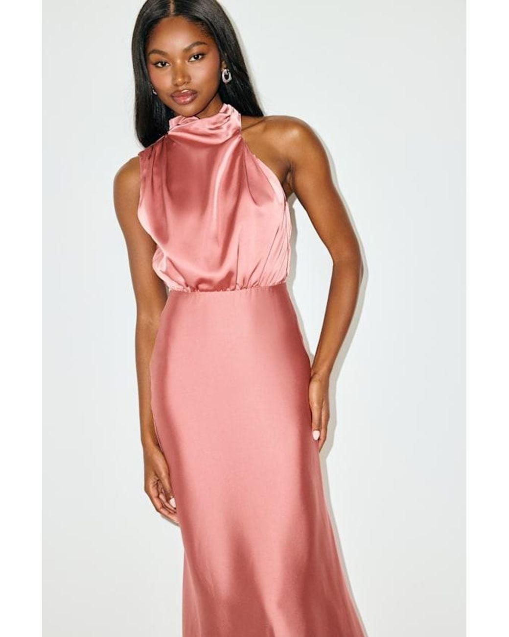 Lulus Pink Distinctive Charm Rose Satin Asymmetrical Maxi Dress