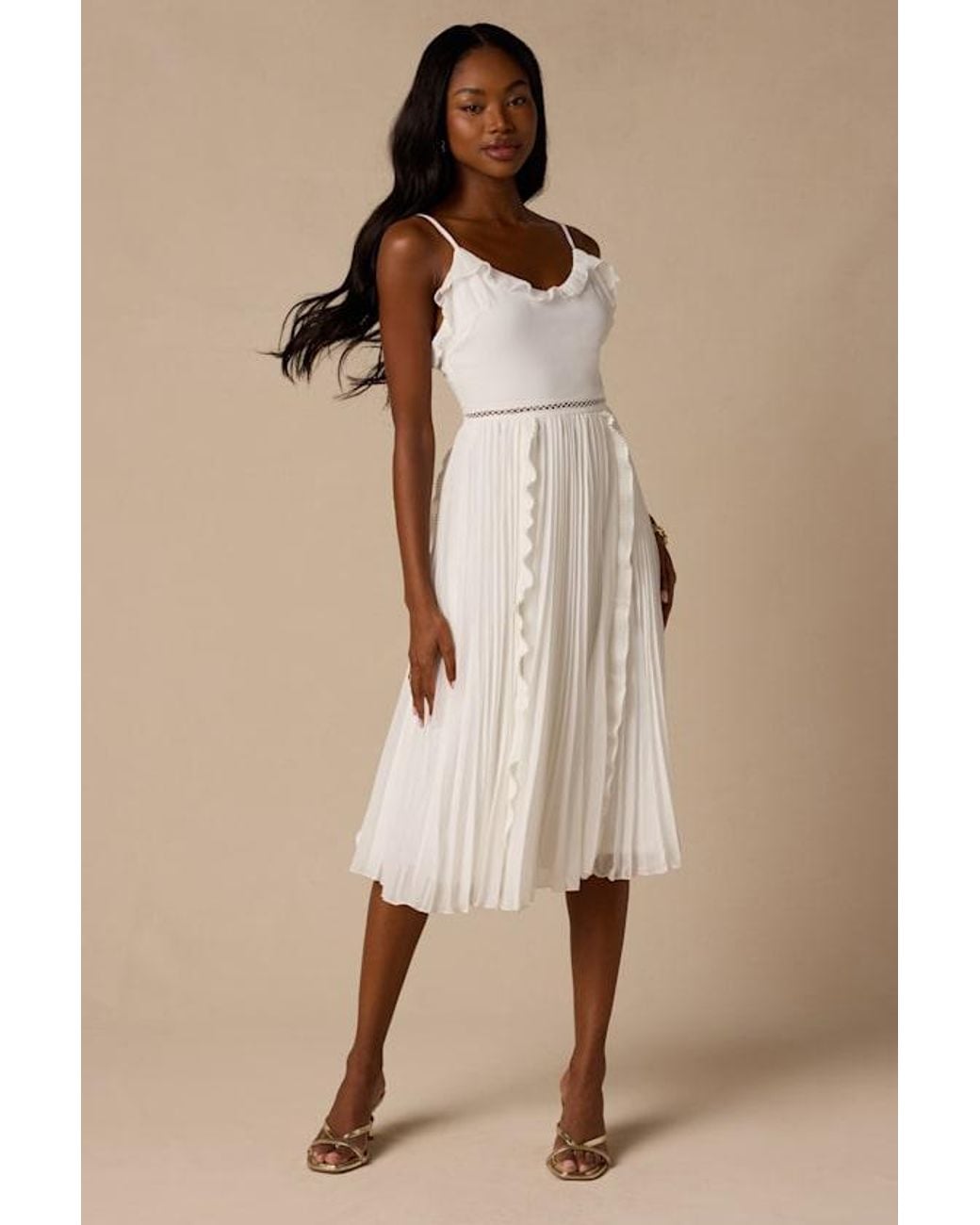 Lulus White Never A Dull Moment Tie-Strap Pleated Midi Dress